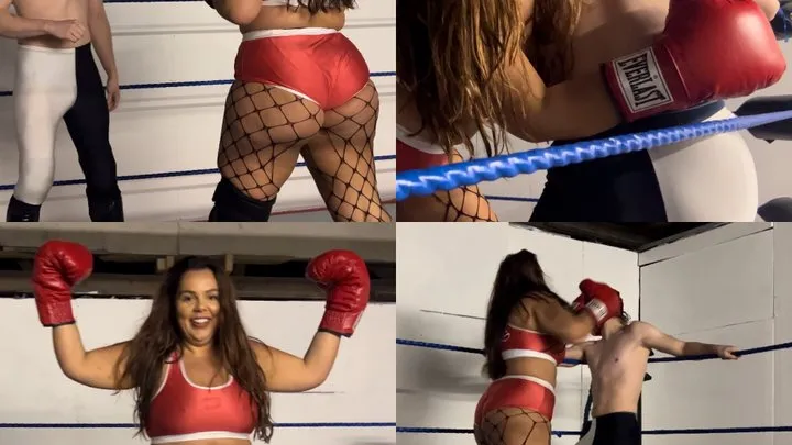 Female BBW knocks out skinny masked wrestler