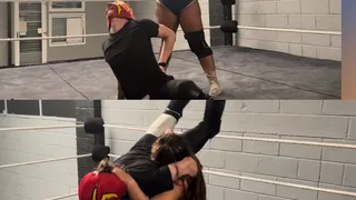 Dominant female wrestler destroys male jobber