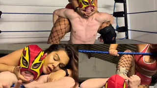 male jobber dominated with scissor holds, low blows and submission