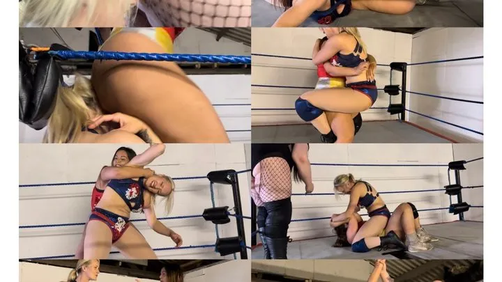 2 Giantess wrestlers vs Blonde bimbo