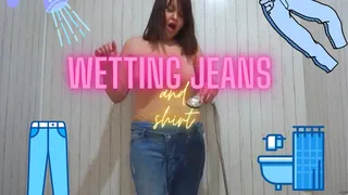 Wetting Blue Jeans in shower