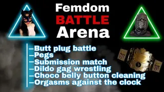 Femdom Battle Arena Wrestling Games FLR Buttplug Pegs Crop Chocolate Licking Vibrator Orgasms Mistress Male Slave