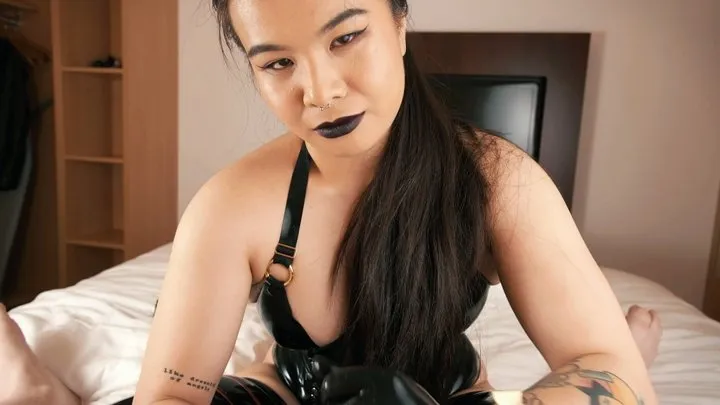 Cruel latex handjob and footjob with Echo Evangelista CBT POV