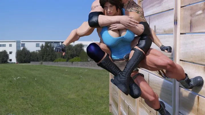 Strong Lara piggyback parkour with the rock