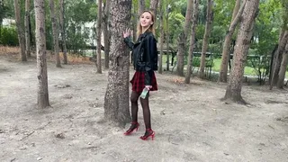 girl in high heels and stockings plays hard with her shoes, tears off the heel, wets the shoes (reupload)