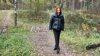 A girl in ankle boots wants to walk along the path, but on the way she meets a mountain that is covered with slippery mud, she climbs but cannot climb up