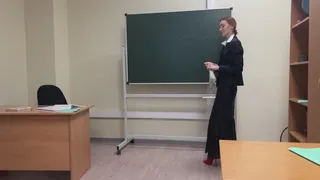 The teacher in the classroom teaches a lesson and plays a little with her sexy high-heeled shoes, but the student does not listen to her, he only dreams of her feet and heels