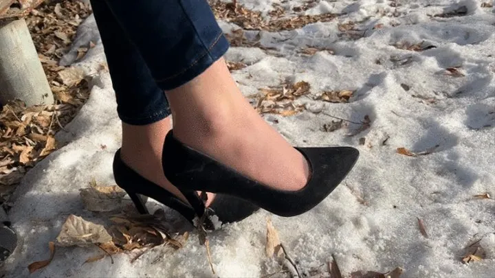 girl in high heels cannot climb a mountain, her heels slip too much