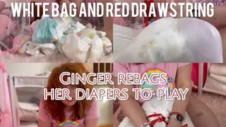 White bag and red drawstring - Ginger plays with diaper garbage