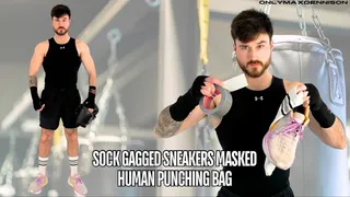 Sock gagged sneaker masked human punching bag