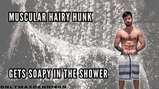 Muscular hairy hunk getting soapy in the shower