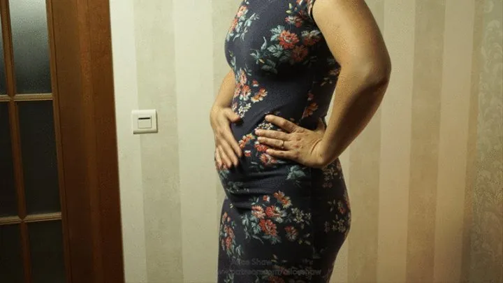 Blue flower dress and my pregnant looking belly