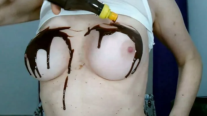 Wetting Boobs, Tities and Nipples with chocolate