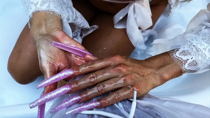 Longest Set Of Glittery Pink Nails I have ever worn in the bathtub while I stroke his dick and Cum all over my Chest