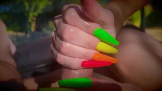 Step Mom can tell he is fantasizing about her colorful long nails in the pool so gets out and strokes his cock1