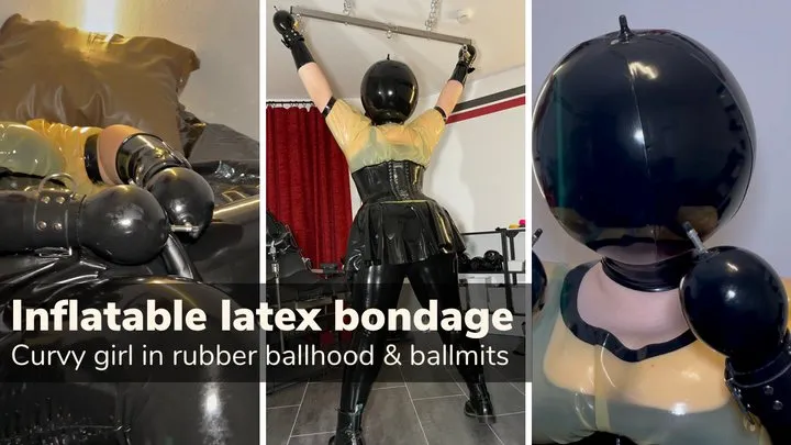 Inflatable latex bondage: big girl wearing ballhood and ballmits being tied up and teased (FULL CLIP)