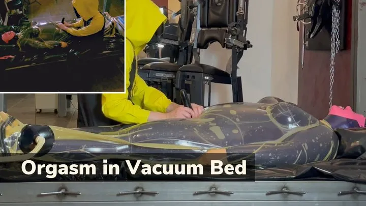 Orgasm in latex vacuum bed