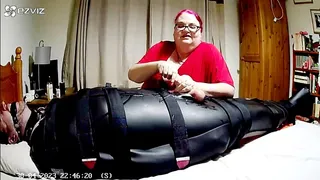 Sound activated vibrating post orgasm torment handjob on helpless man -BBW domination,BBW bondage,amateur,man in Bondage,male bondage,sleep sack,man tied up,backboard,neoprene down,bound and gagged man,post cum play,lush toy,vibrator,