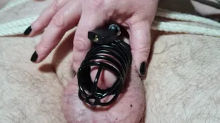 Double Domme cock cage torment -BBW domination, BBW bondage,man in bondage,male bondage,naked man tied up,double domme,double domination,l,rope bondage,bed bound,amateur,cock cage,chastity,wand,toothbrush,CBT,bound and gagged man,