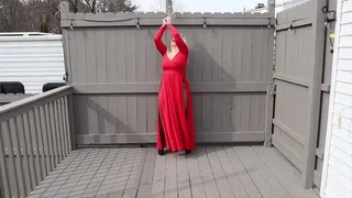 Vivica Outdoor Bondage in Red Dress Exposed Boobs Gag Drooling 2-12-23