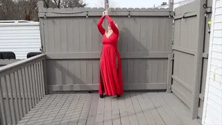 Vivica Outdoor Bondage in Red Dress Exposed Boobs Gag Drooling