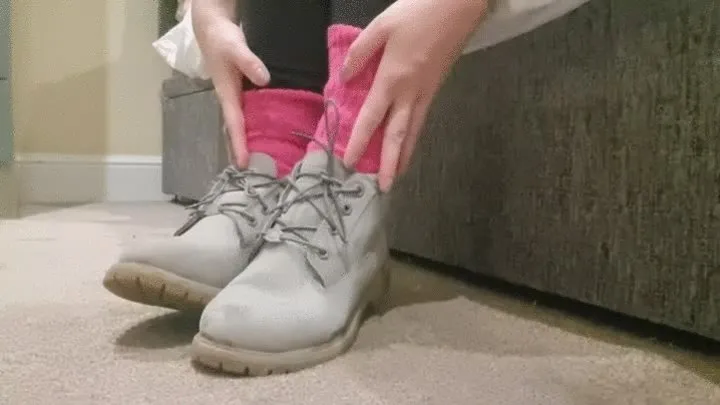 Shoeplay in my hot hiking boots and fuzzy socks