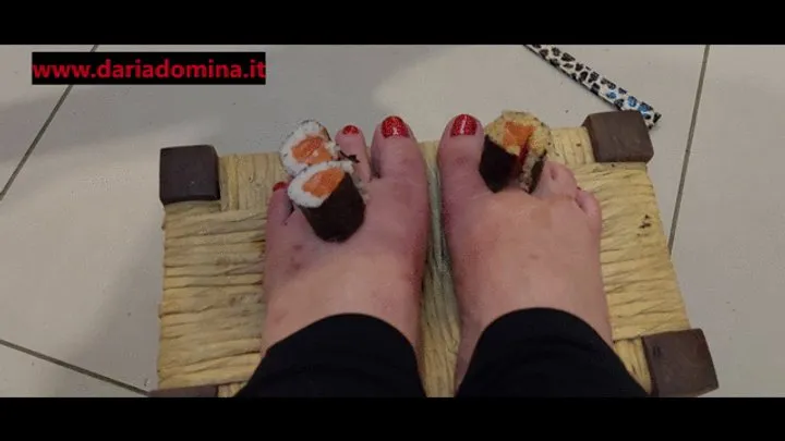 SUSHI FOOT FETISH - SLAVE EATING SUSHI FROM MY FEET IT