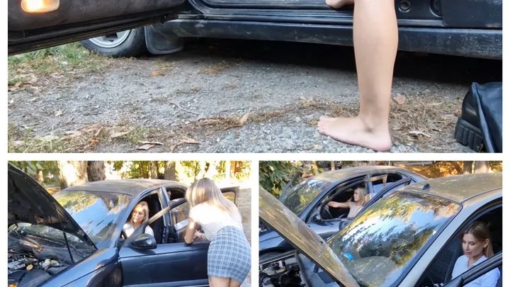 Alina and Lucy compete in revving old car engines barefoot