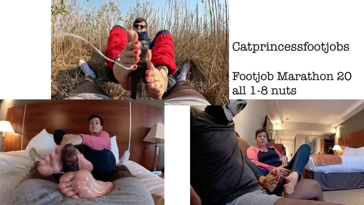 Watch my face as i drain him 8x, in the bushes and in hotel! Milf with glasses and muscly footboy, Footjob marathon 20, all 8 orgasms, milf feet, his pov