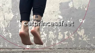 Public barefoot jump roping dirty feet, sock and shoe removal, barefoot leather shoe and wool sock