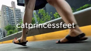 NYC sandal feet walking in city, milf foot show
