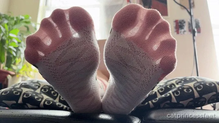 White socks and soles tease, toe spreads, sock removal, scrunched soles, long red toes