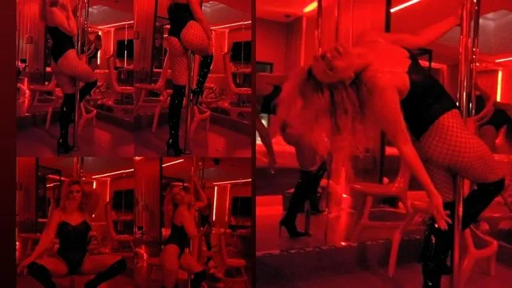 Naughty smoker on pole dance for you - Long leather boots - red natural light