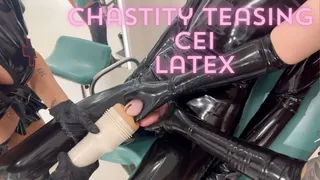 Chastity teasing and CEI on latex gimp with Evil Woman