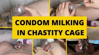 Chastity Caged Cock Milked in Condom