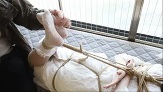 xy26 - chinese girl in white dress tied with rope on windowsill