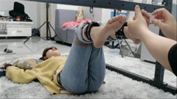 xy13-cute chinese girl feet are hung up and fixed on iron armor tickling feet
