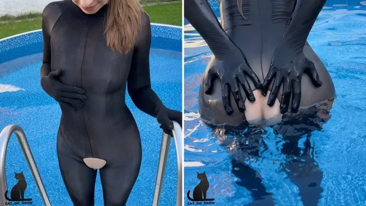 Nylon bodystocking tease in the pool