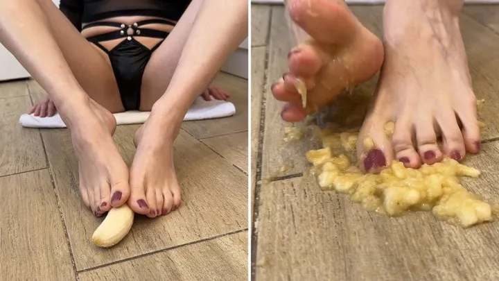 Banana footjob and banana crushing and smashing