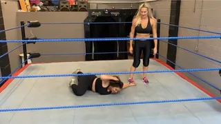 Gym wear wrestling match curvey Brunette wrestler vs toned Blonde wrestler