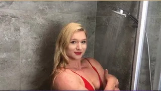 look at this hot blonde muscular girl taking a shower!