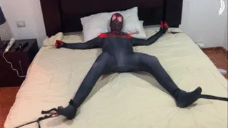 ALEXBYFOOT IN SPIDERMAN SPREAD EAGLED, TEASED, TICKLED, MADE TO CUM AND UNMASKED!