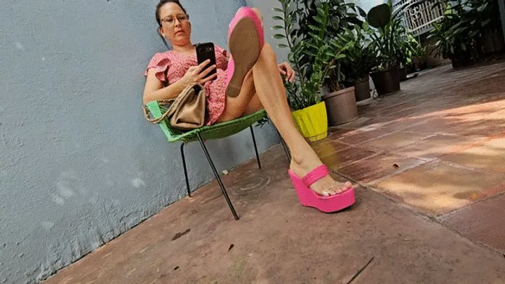 Katherine crossed legs fetish on pink Wedges