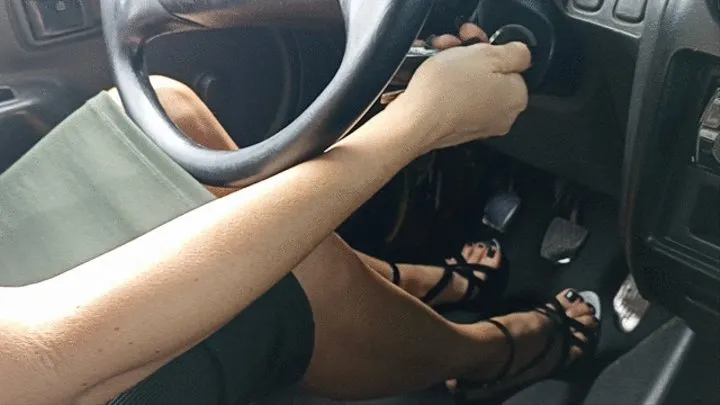 Katherine pedal pumping and driving with her new black sandals