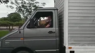 Katherine driving and pedal pumping a big truck on sexy red high heel pumps