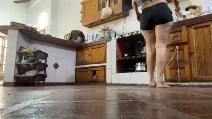 Milah Arches Barefoot walking in the kitchen