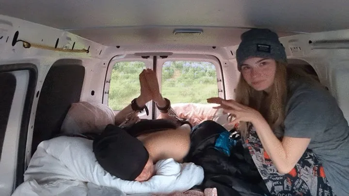 Nina Luck hog ties and tickles Fetishguy in camper van