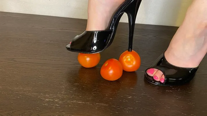 Perfectly Barefoot crushes juicy red tomatoes in stunning black peep toe stiletto mules