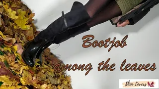 Bootjob, cockcrush among the leaves with black rain boots