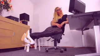 616 White stiletto heels dangling, MILF secretary in black pantyhose, classy (classic) shiny nylon fetish, shiny pantyhose, thick legs, blonde in eye glasses, office fantasy play